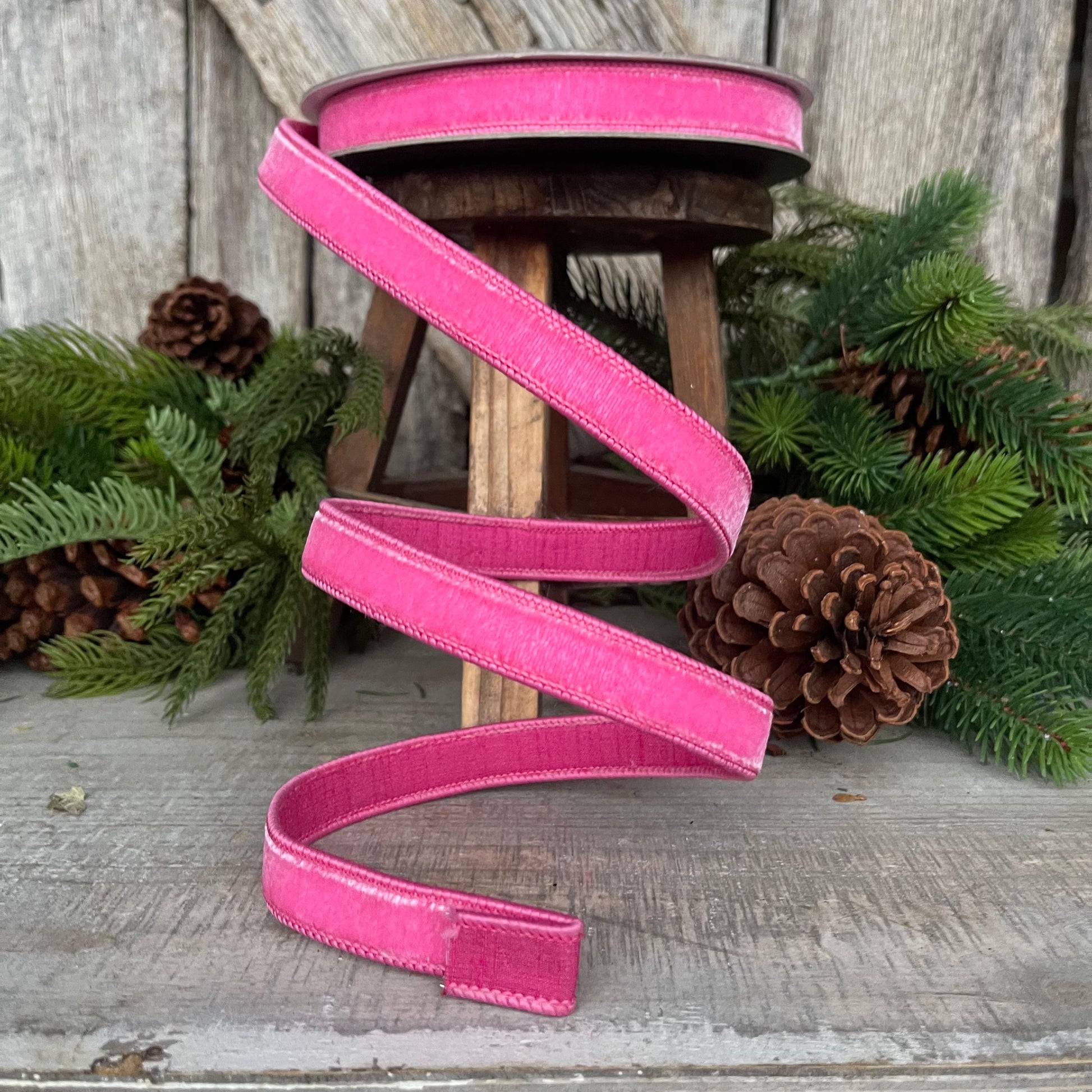 3/4" BubbleGum Pink Velvet Ribbon, Wired Velvet Ribbon