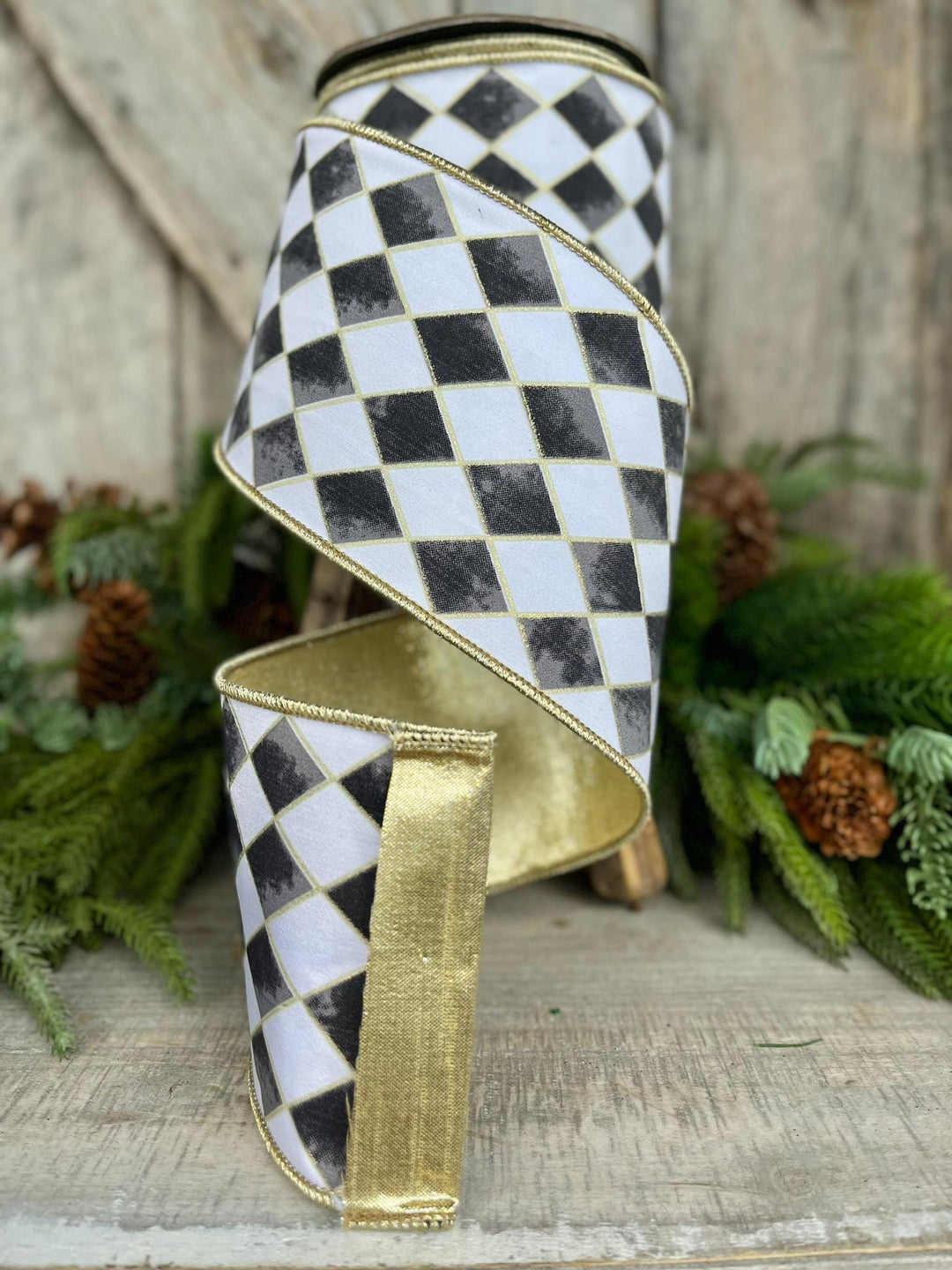 4" Harlequin ribbon, Black and White Jester Ribbon