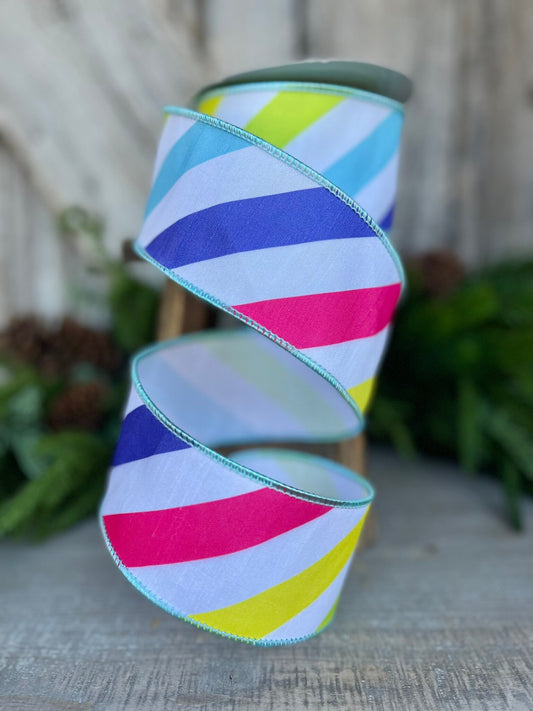 2.5" Rainbow Diagonal Stripe, Wired Ribbon