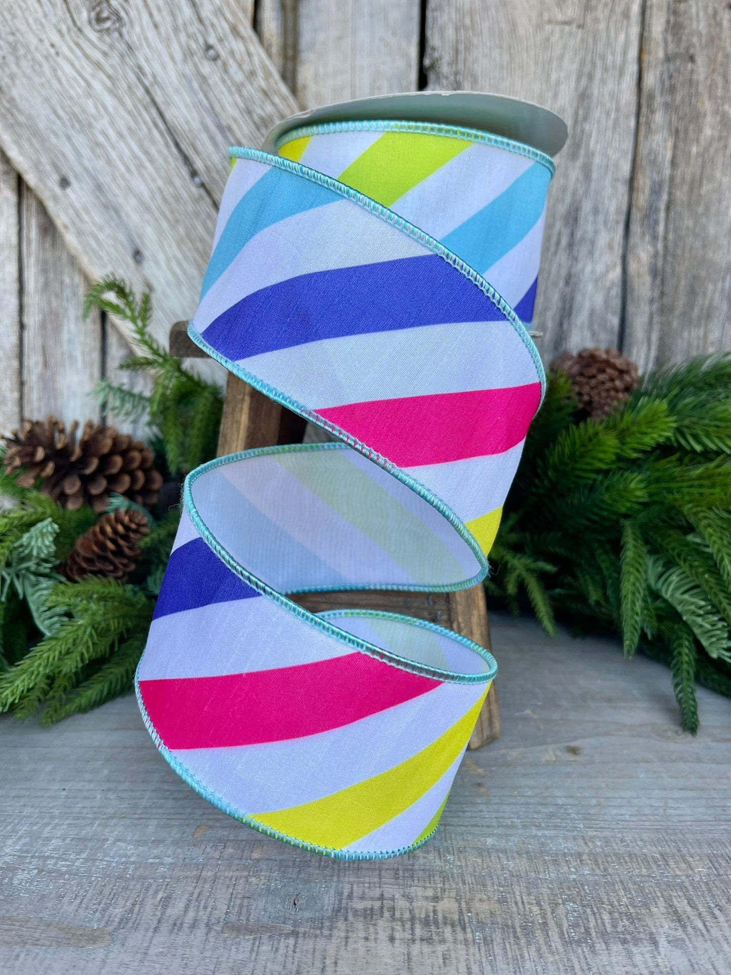 2.5" Rainbow Diagonal Stripe, Wired Ribbon, Summer Ribbon