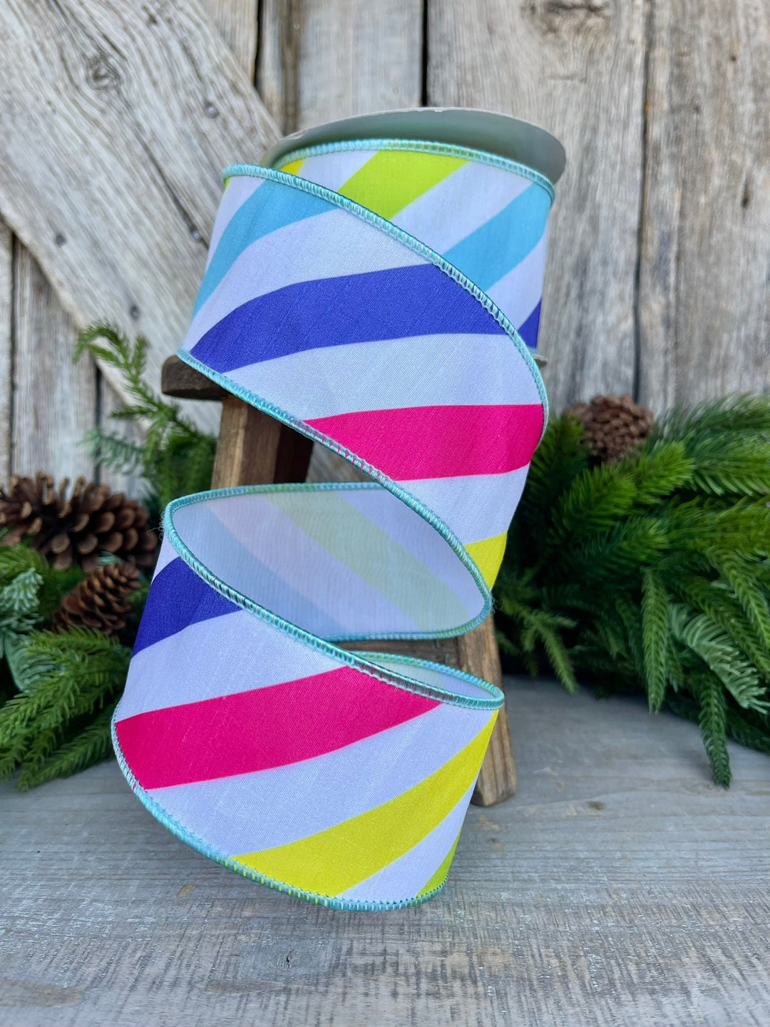 2.5" Rainbow Diagonal Stripe, Wired Ribbon, Summer Ribbon
