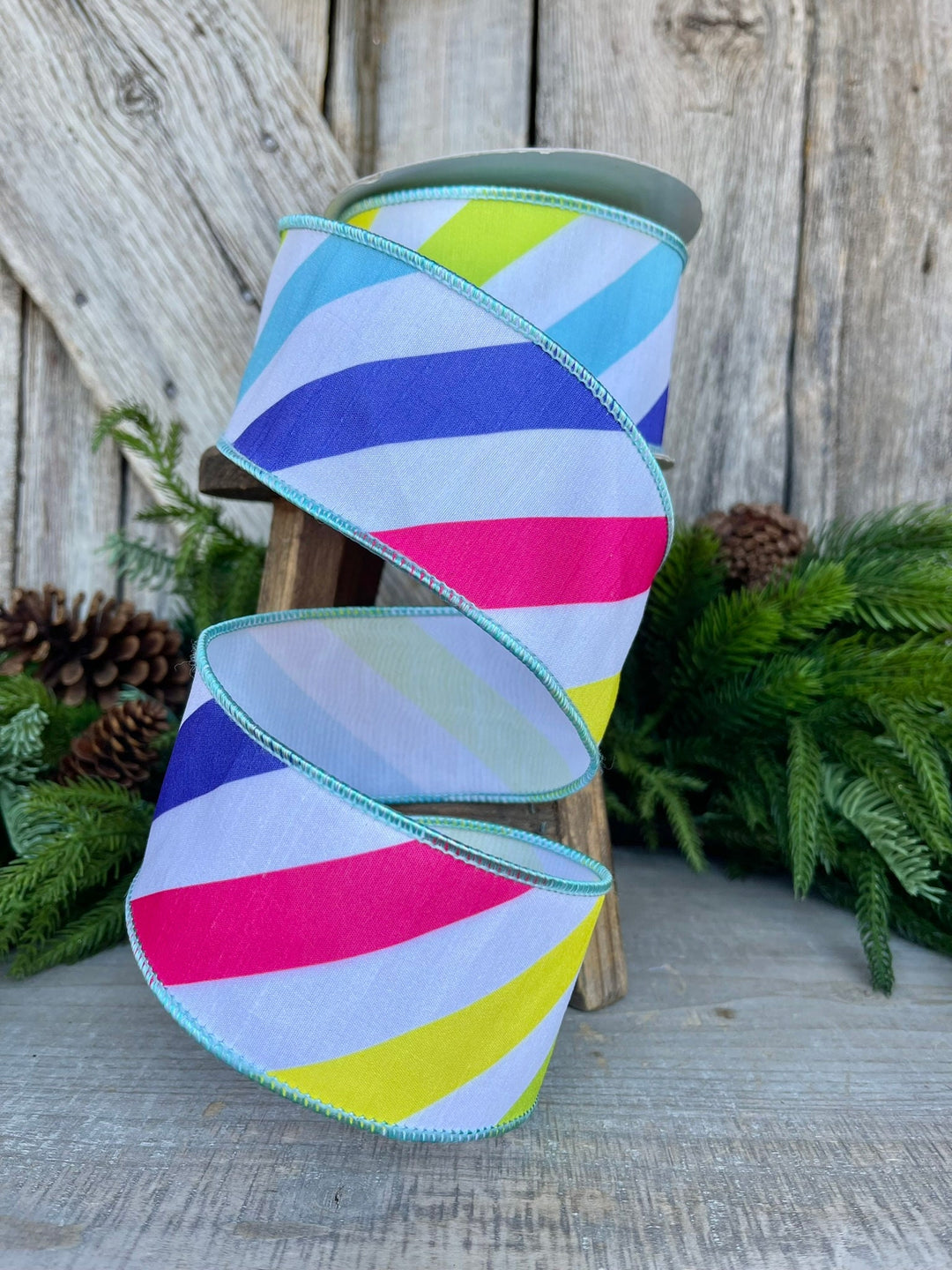 2.5" Rainbow Diagonal Stripe, Wired Ribbon, Summer Ribbon