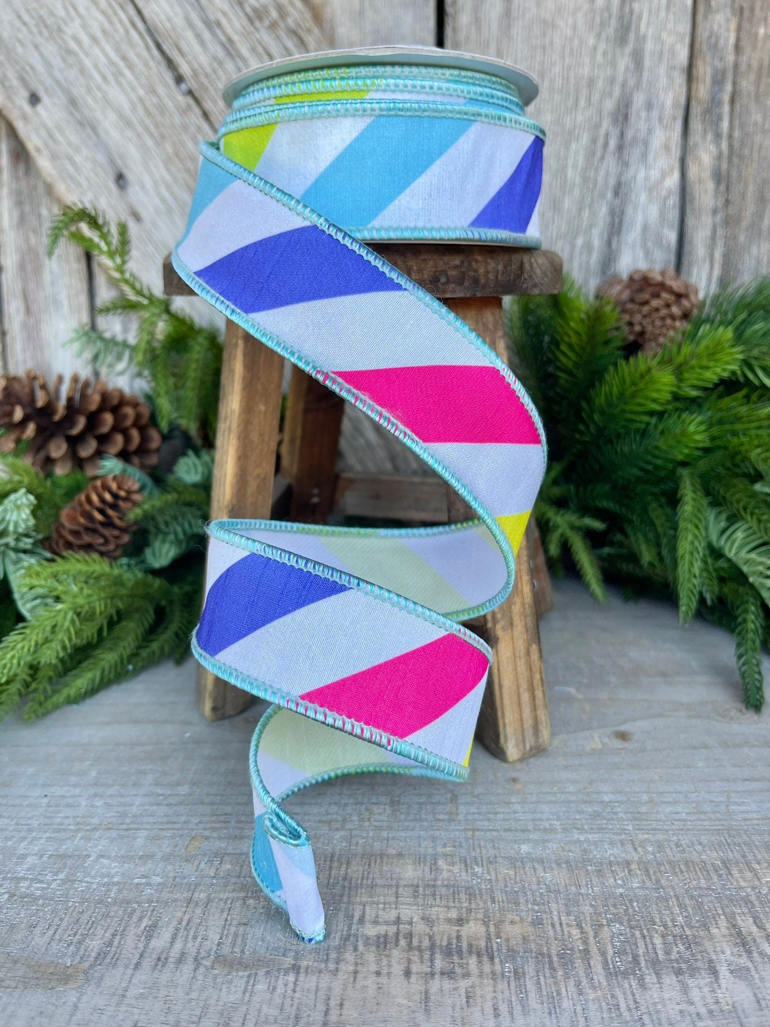 1.5" Rainbow Diagonal Stripe, Wired Ribbon
