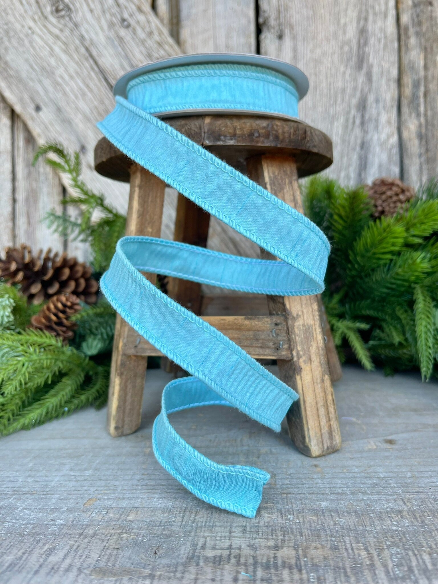 7/8" Aqua Blue Dupioni Ribbon, Wired Ribbon, Narrow Ribbon