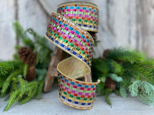 2.5" Tinsel Checks Ribbon, Farrisilk Ribbon, Rainbow Ribbon