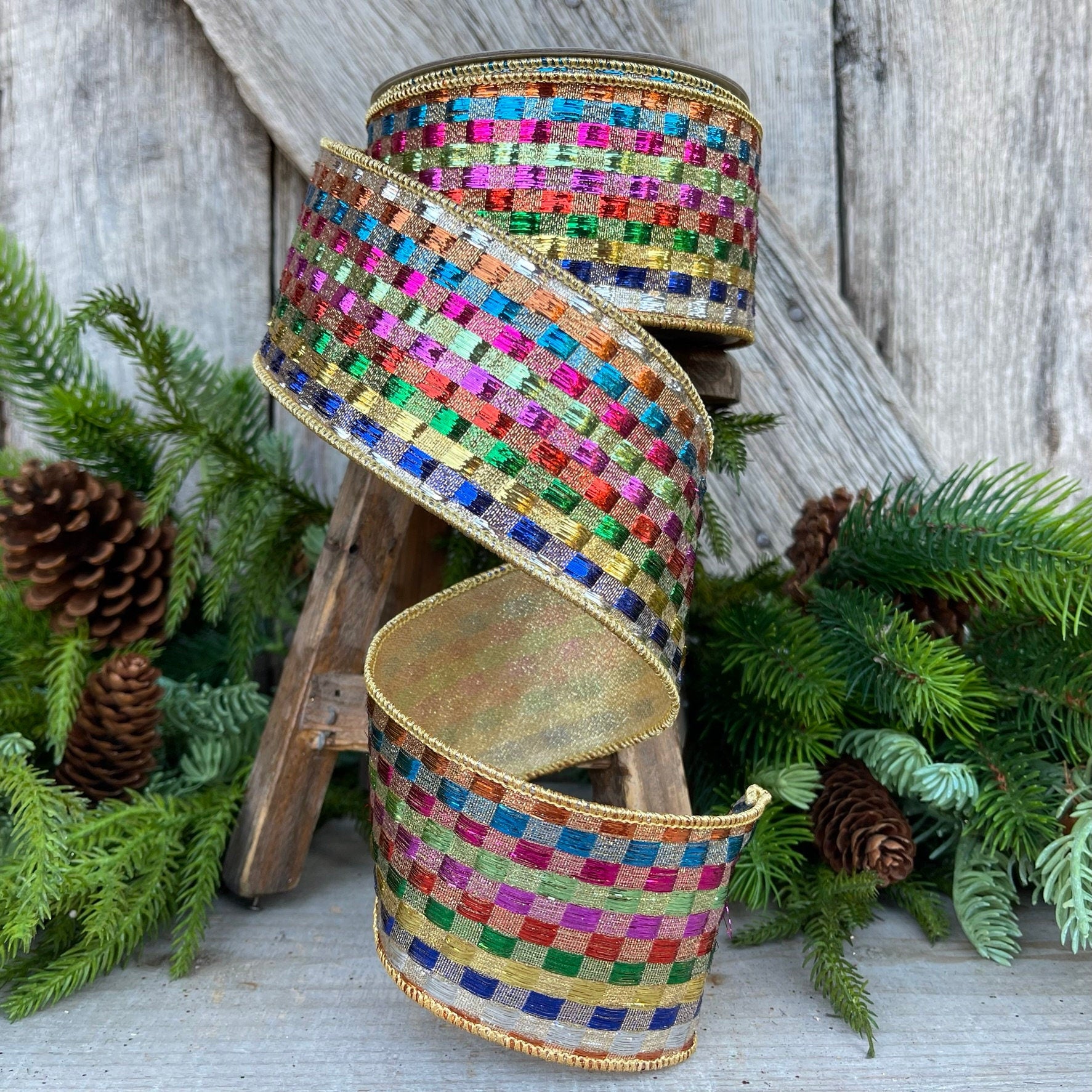 2.5" Tinsel Checks Ribbon, Farrisilk Ribbon, Rainbow Ribbon