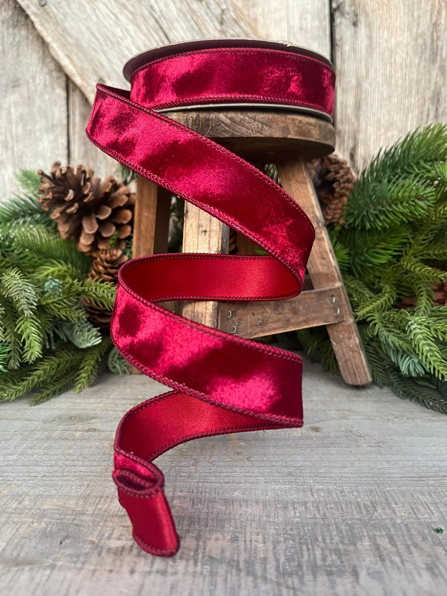 1” Burgundy Silken Velvet Ribbon, Farrisilk ribbon, Velvet ribbon
