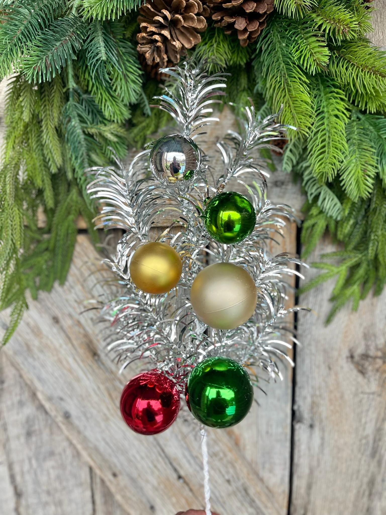 24" Silver Tinsel Spray, Ornament Spray, Vintage Christmas Spray