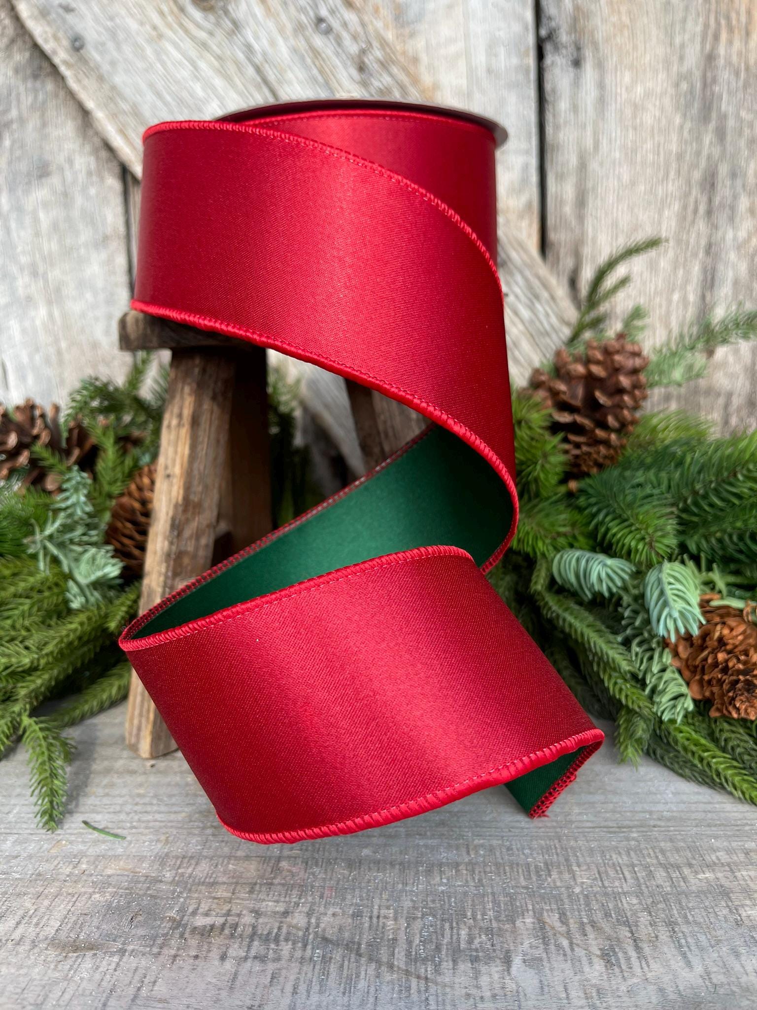 2.5 Red Green Satin Duo Ribbon, Farrisilk Ribbon