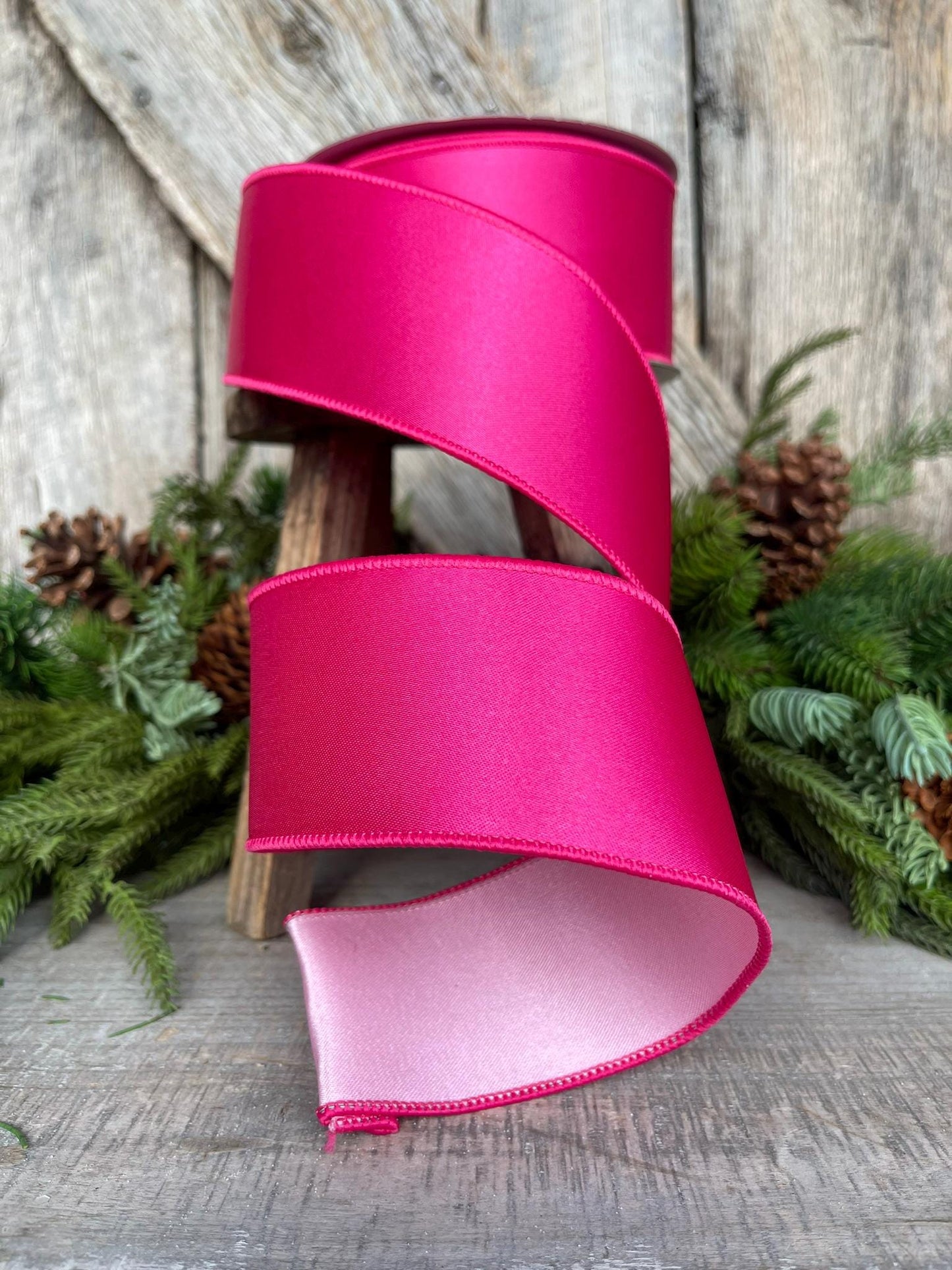 2.5" Hot Pink Light Pink Wired Satin Ribbon, Farrisilk Ribbon, Duo Satin Ribbon