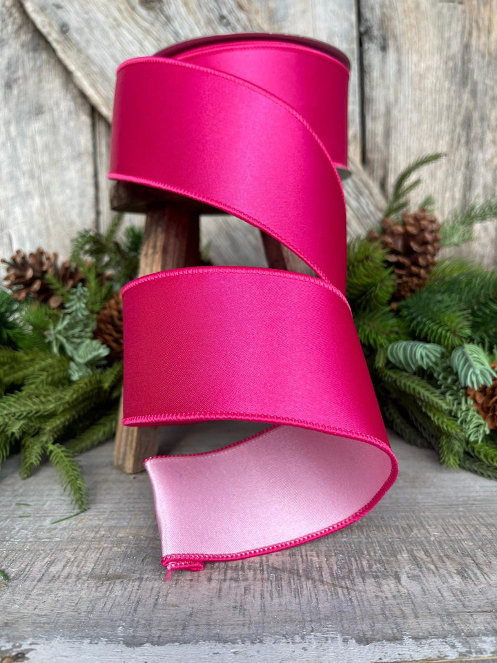 2.5" Hot Pink Light Pink Wired Satin Ribbon, Farrisilk Ribbon, Duo Satin Ribbon