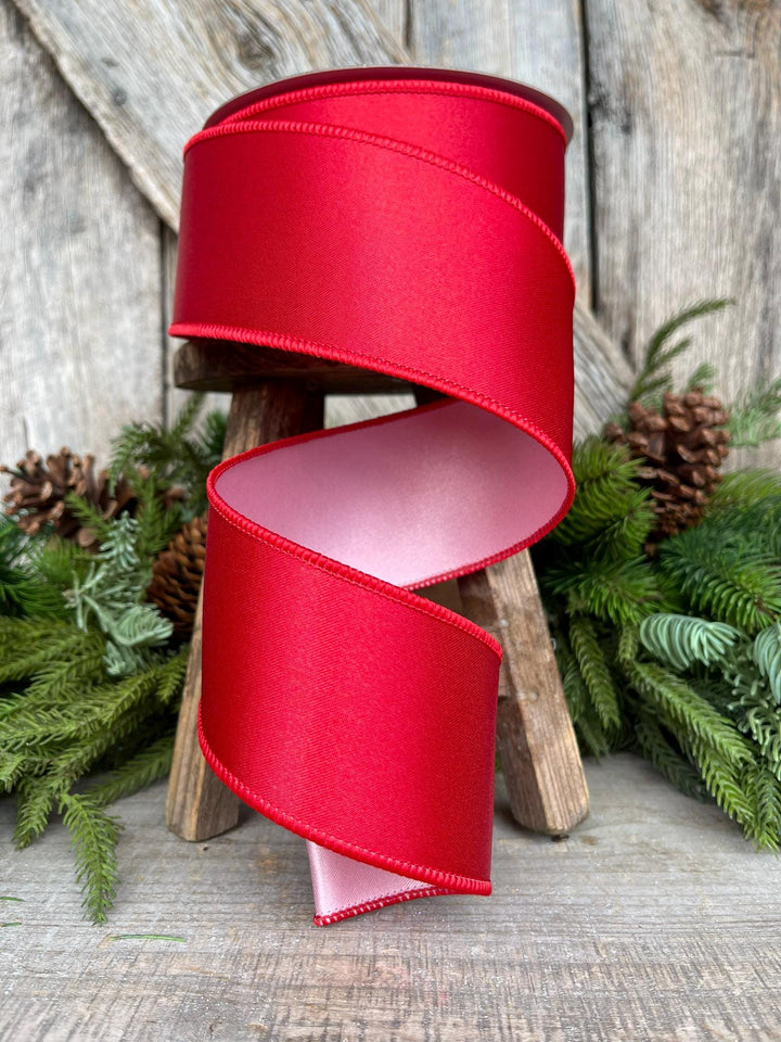 2.5 Red Pink Satin Duo Ribbon, Farrisilk Ribbon, Christmas Ribbon