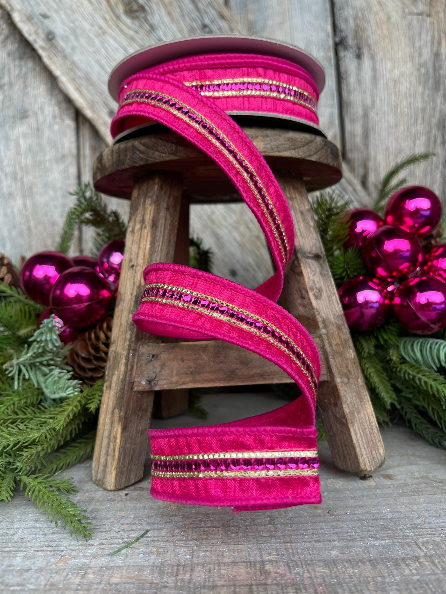 1" Hot Pink Twinkle Trim Ribbon, Farrisilk ribbon, Pink Jeweled RIbbon