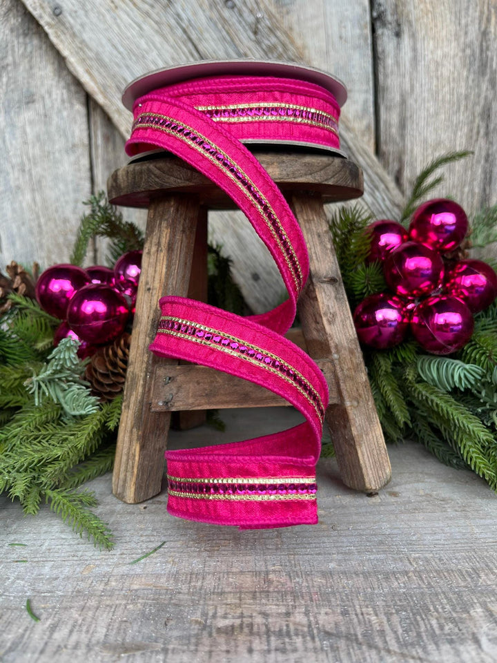 1" Hot Pink Twinkle Trim Ribbon, Farrisilk ribbon, Pink Jeweled RIbbon