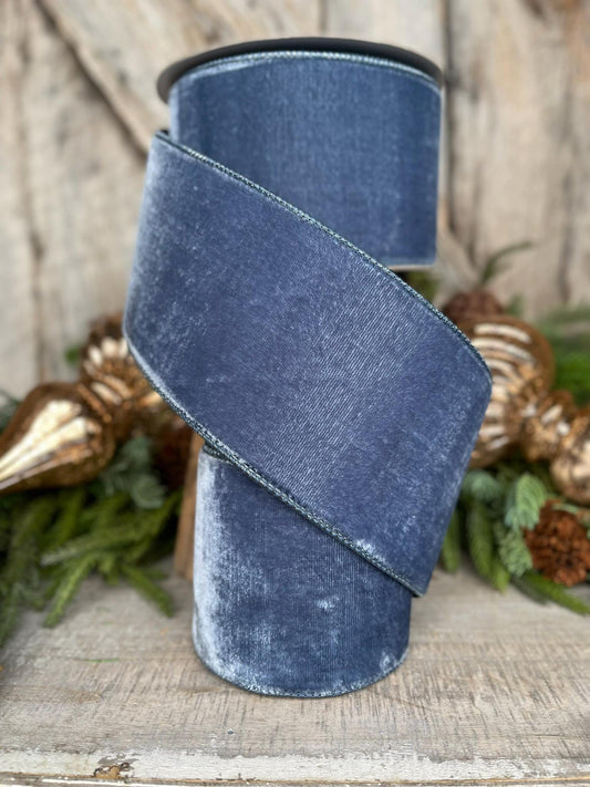 4” Steel Blue Velvet Ribbon, Velvet ribbon, Christmas Ribbon