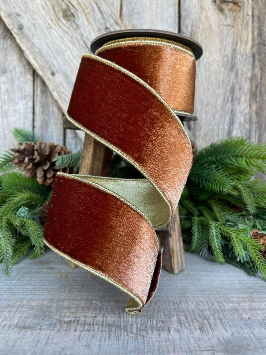 2.5” Bronze Wired Velvet Ribbon, 5 yards, Wired ribbon