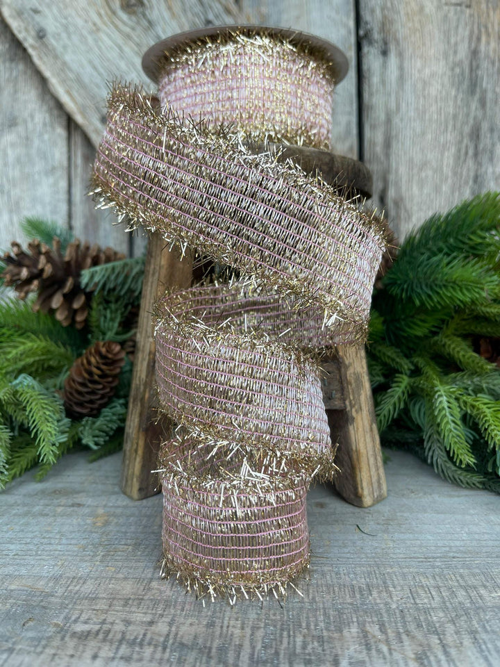 2" Pink Twinkle Tinsel Trim Ribbon, Farrisilk Ribbon, Christmas RIbbon