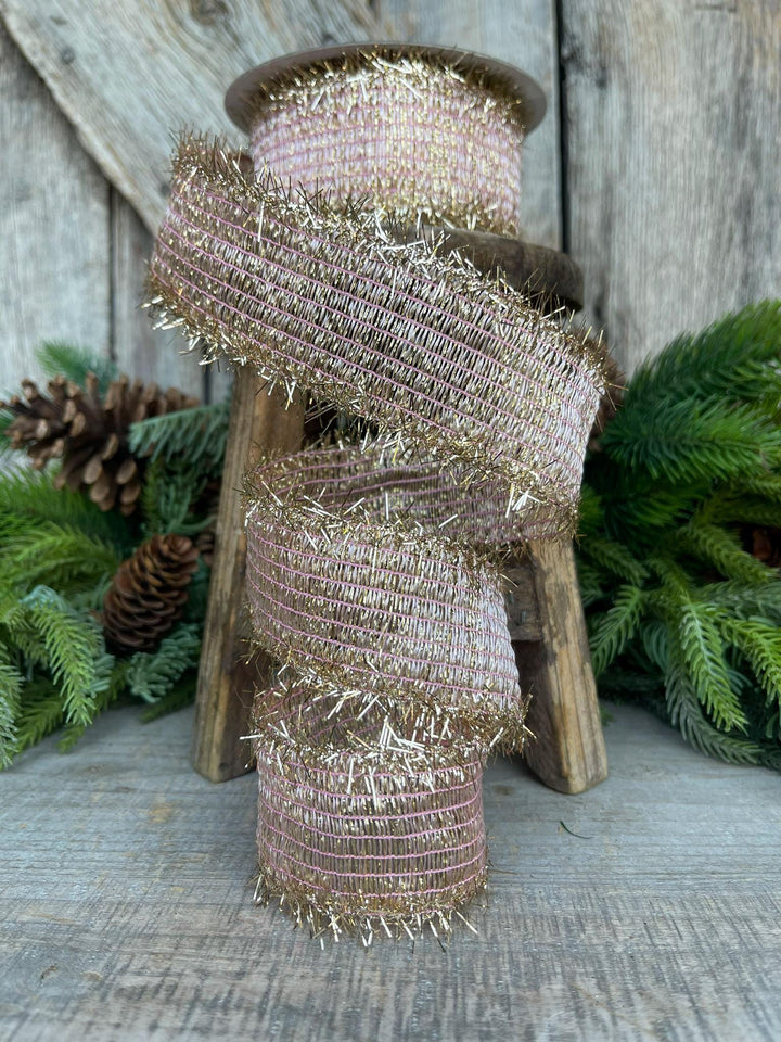 2" Pink Twinkle Tinsel Trim Ribbon, Farrisilk Ribbon, Christmas RIbbon