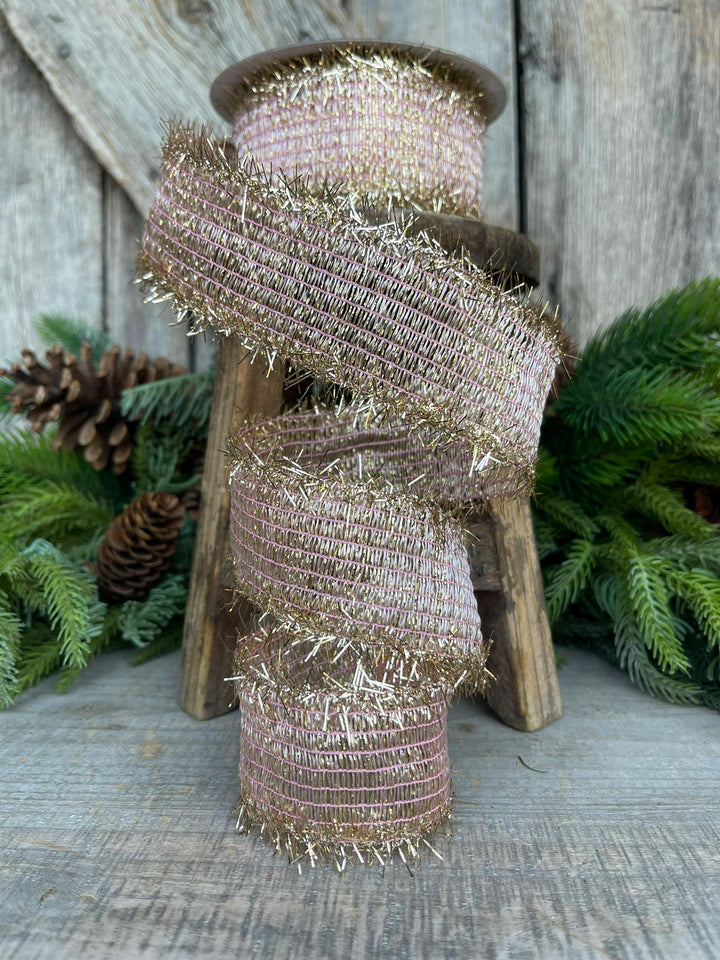 2" Pink Twinkle Tinsel Trim Ribbon, Farrisilk Ribbon, Christmas RIbbon