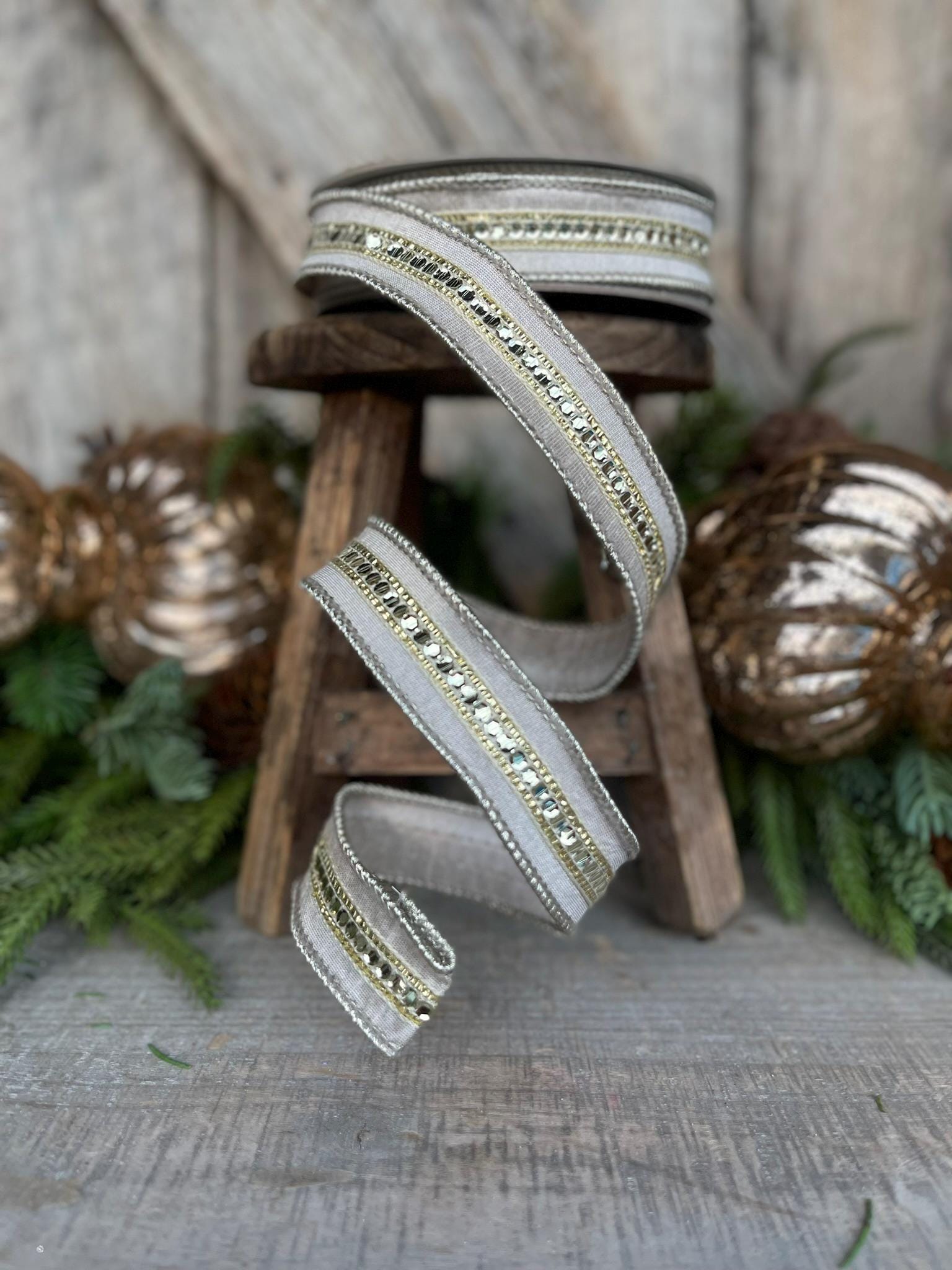 1" Platinum GoldTwinkle Trim Ribbon, Farrisilk ribbon, Platinum Jeweled RIbbon