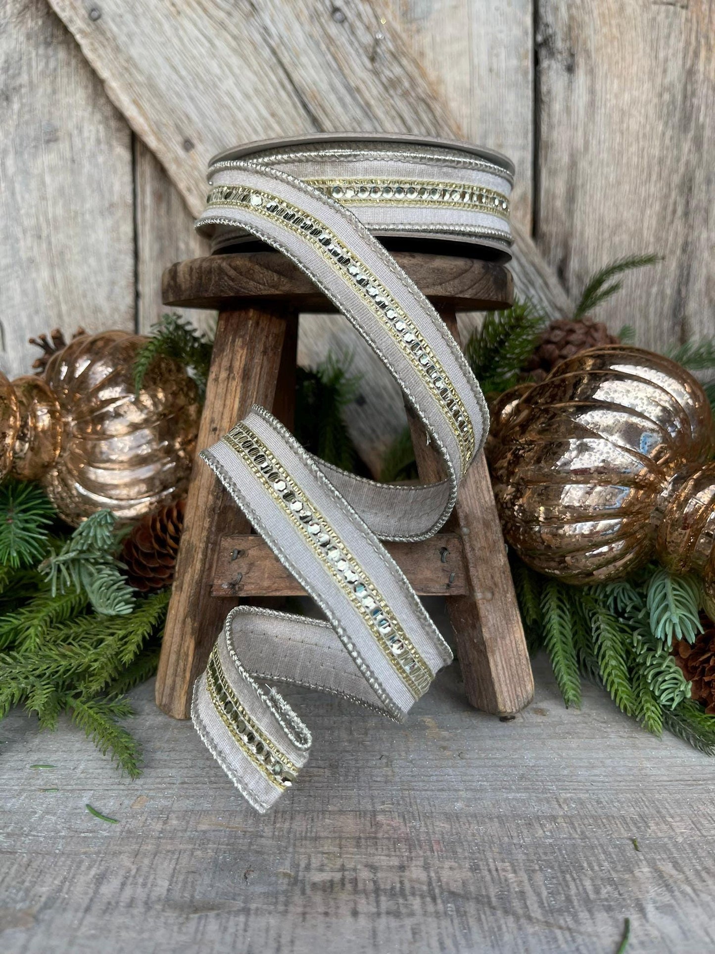 1" Platinum GoldTwinkle Trim Ribbon, Farrisilk ribbon, Platinum Jeweled RIbbon