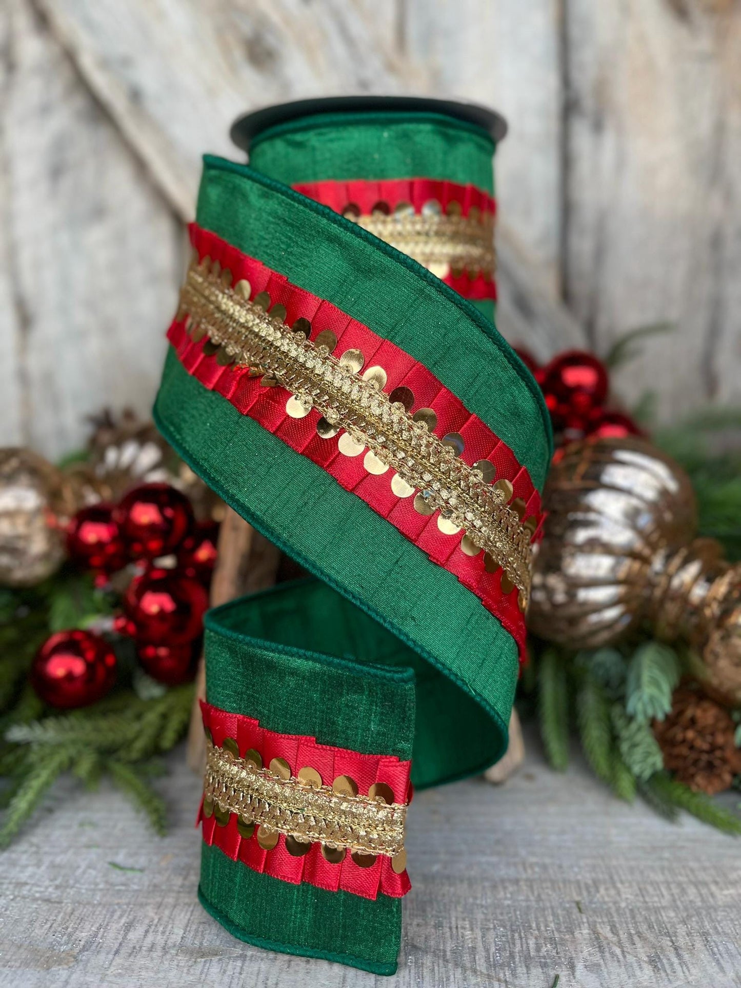 4" Red Green Nutcracker Frills, Farrisilk RIbbon, Wired RIbbon