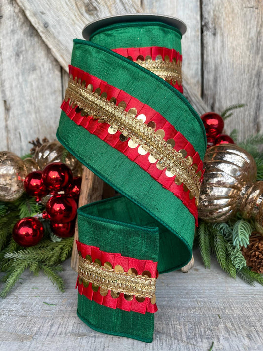 4" Red Green Nutcracker Frills, Farrisilk RIbbon, Wired RIbbon