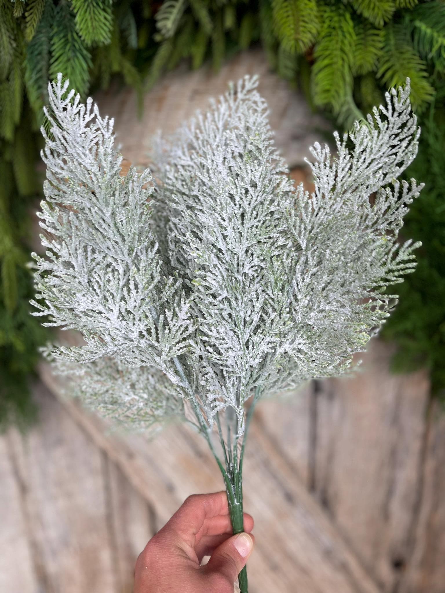 18" Frosted Cypress Pine Bush, Frosted Pine Bush, Artificial pine spray