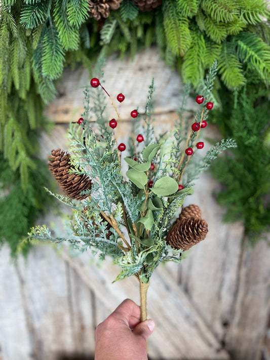 18" Mixed Pinecone Spray, Winter Pine Spray, Artificial Pine