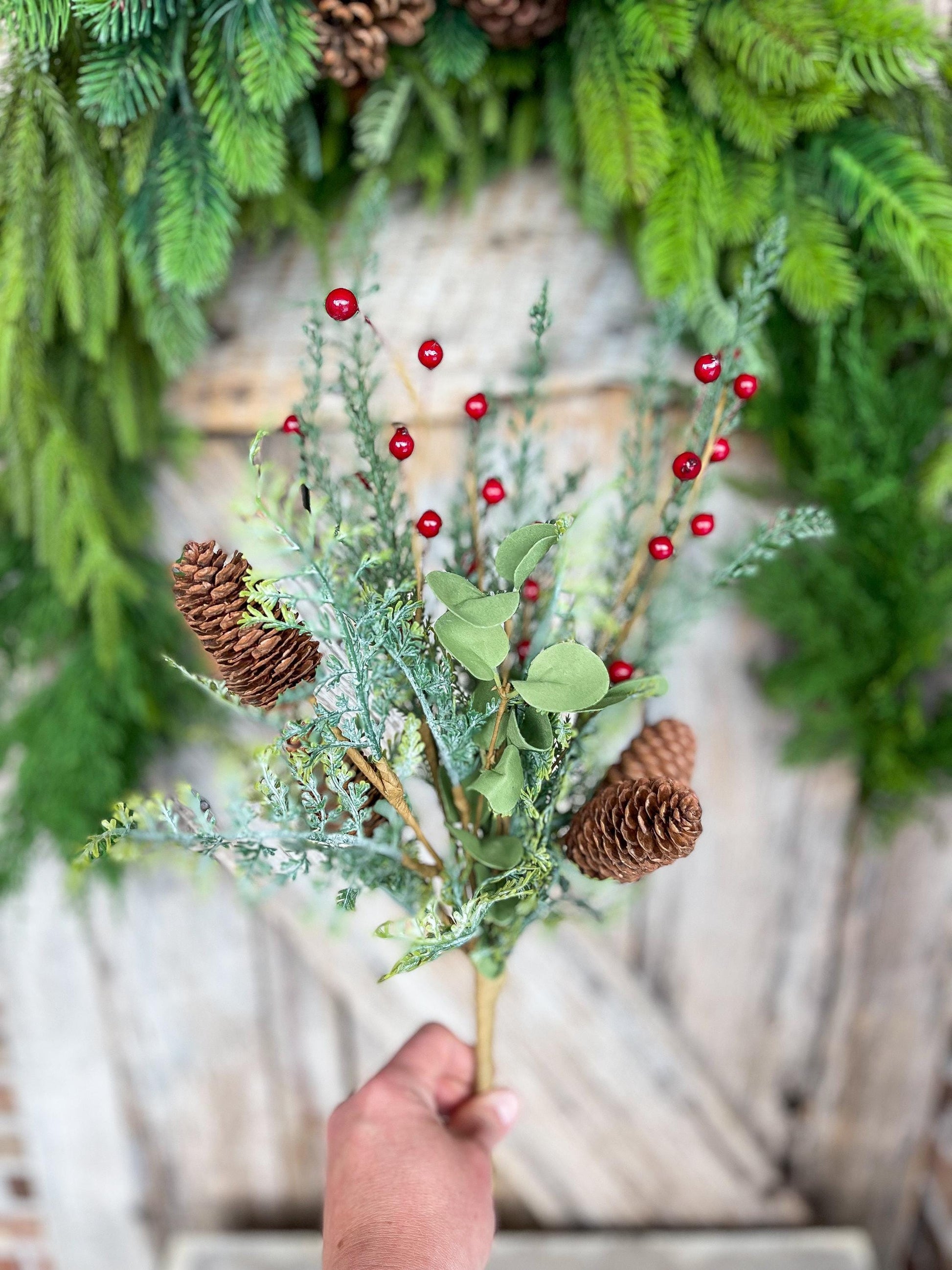 18" Mixed Pinecone Spray, Winter Pine Spray, Artificial Pine