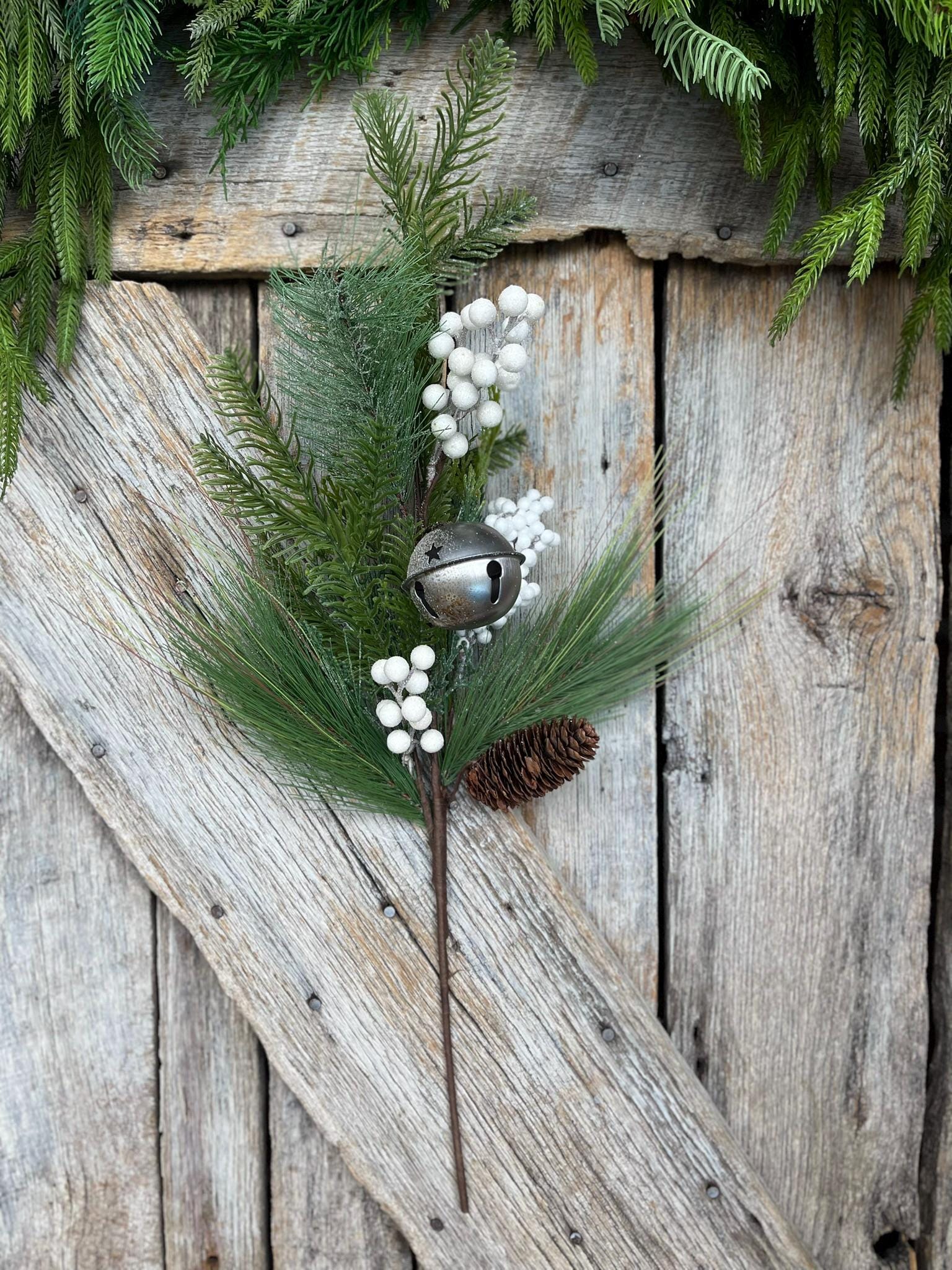 26" Pine Berry Bell Spray, Artificial Pine Spray, White Berry Spray