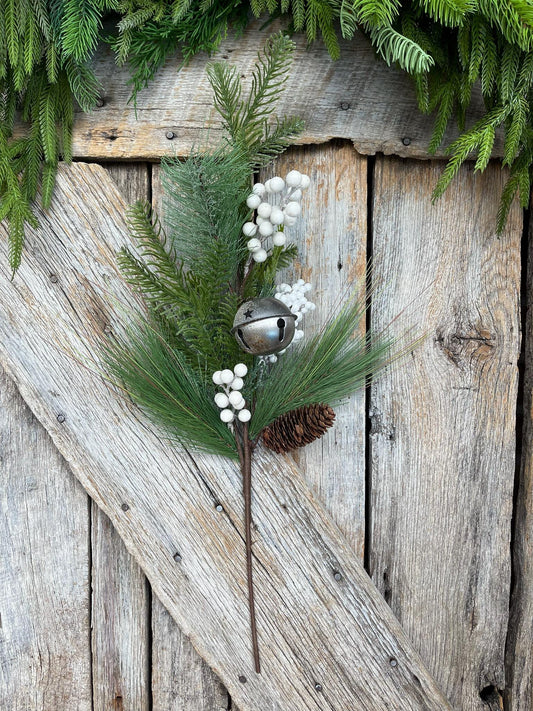 26" Pine Berry Bell Spray, Artificial Pine Spray, White Berry Spray