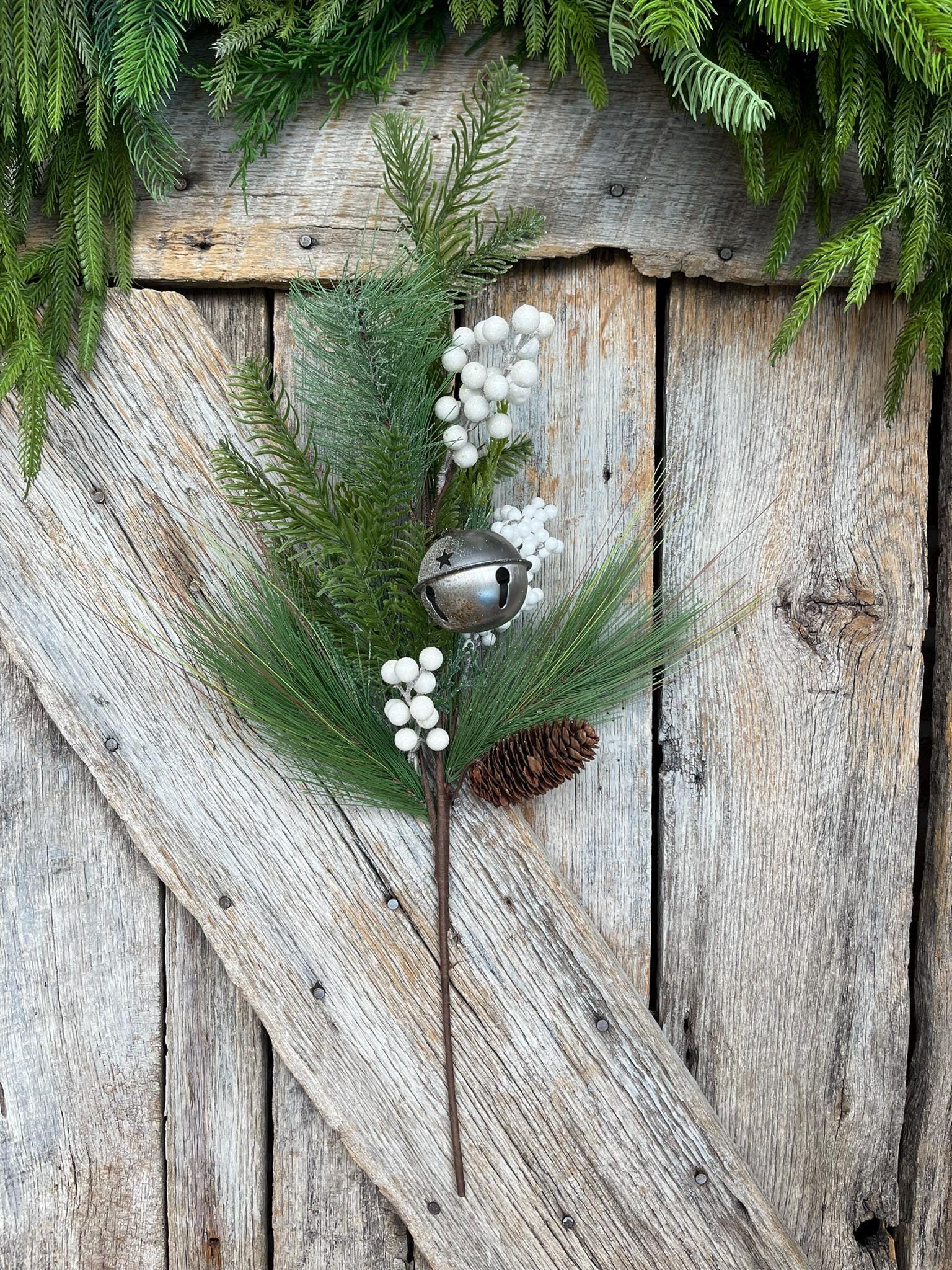 26" Pine Berry Bell Spray, Artificial Pine Spray, White Berry Spray