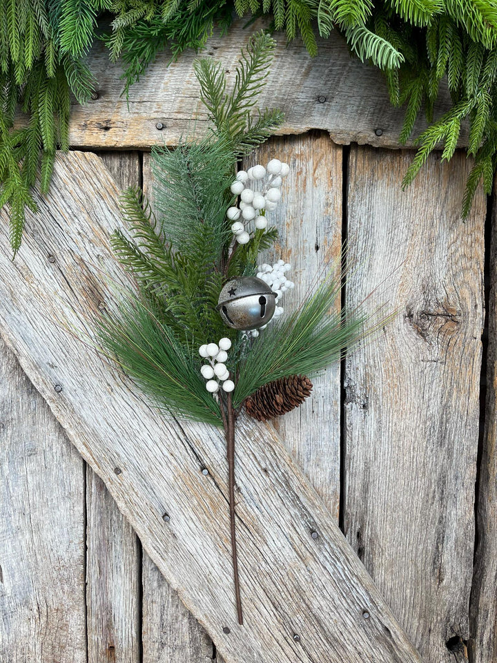 26" Pine Berry Bell Spray, Artificial Pine Spray, White Berry Spray