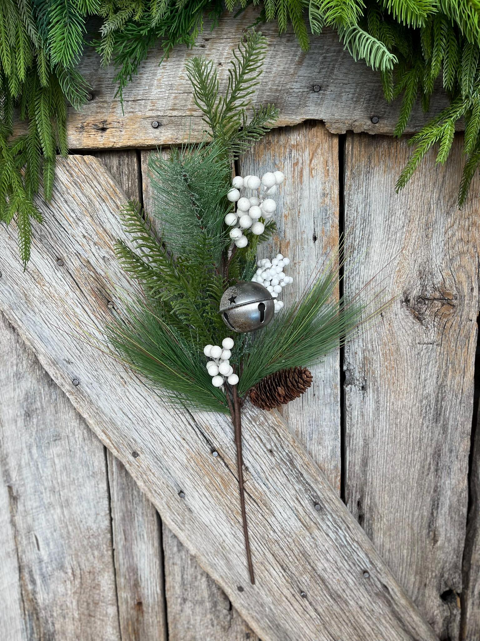 26" Pine Berry Bell Spray, Artificial Pine Spray, White Berry Spray