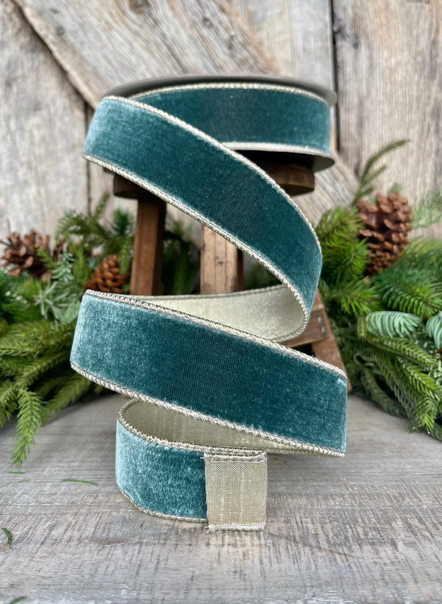 1.5" Teal Celadon Flashy Velvet Ribbon, Farrisilk ribbon, Christmas Velvet
