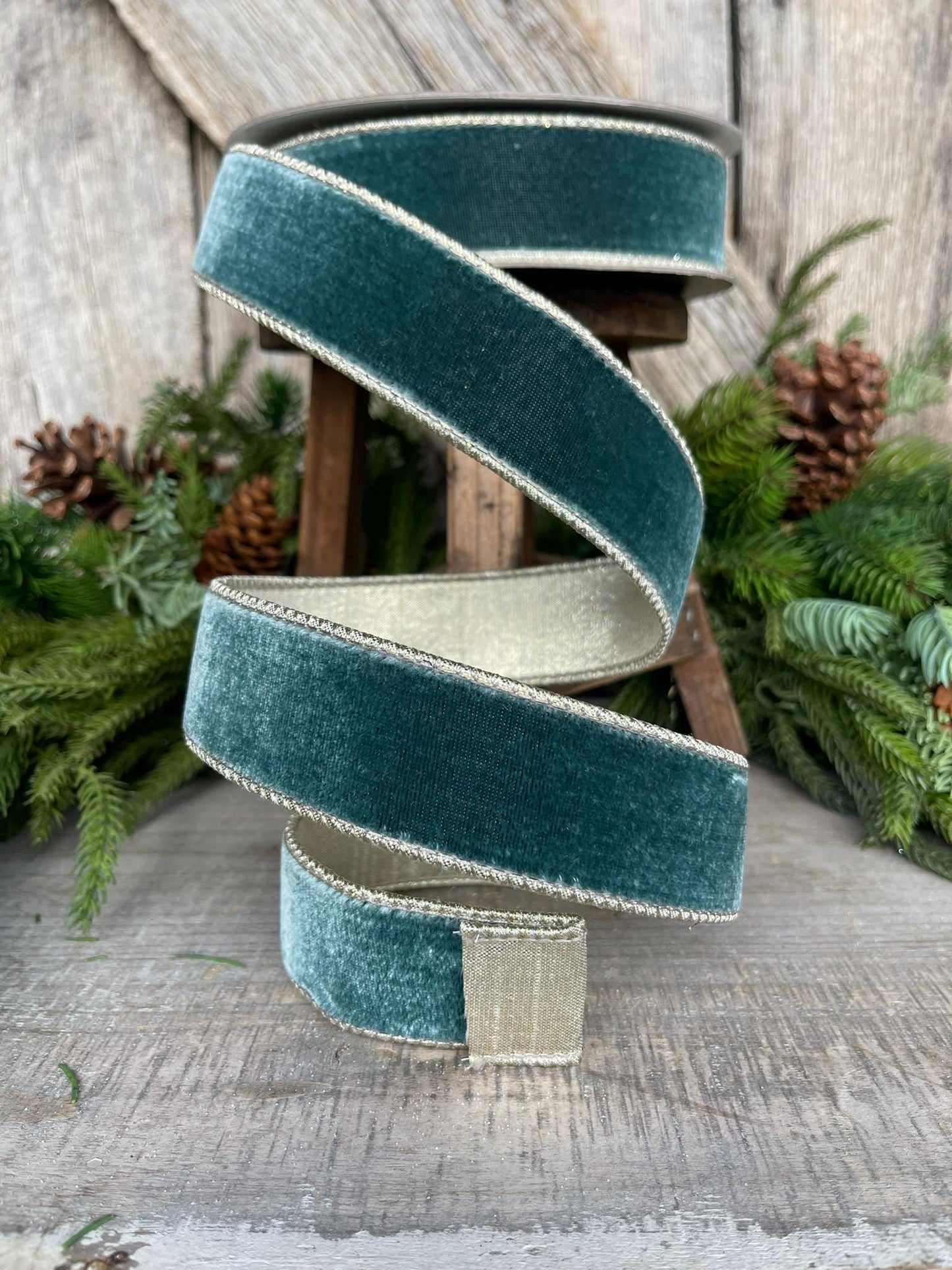 1.5" Teal Celadon Flashy Velvet Ribbon, Farrisilk ribbon, Christmas Velvet