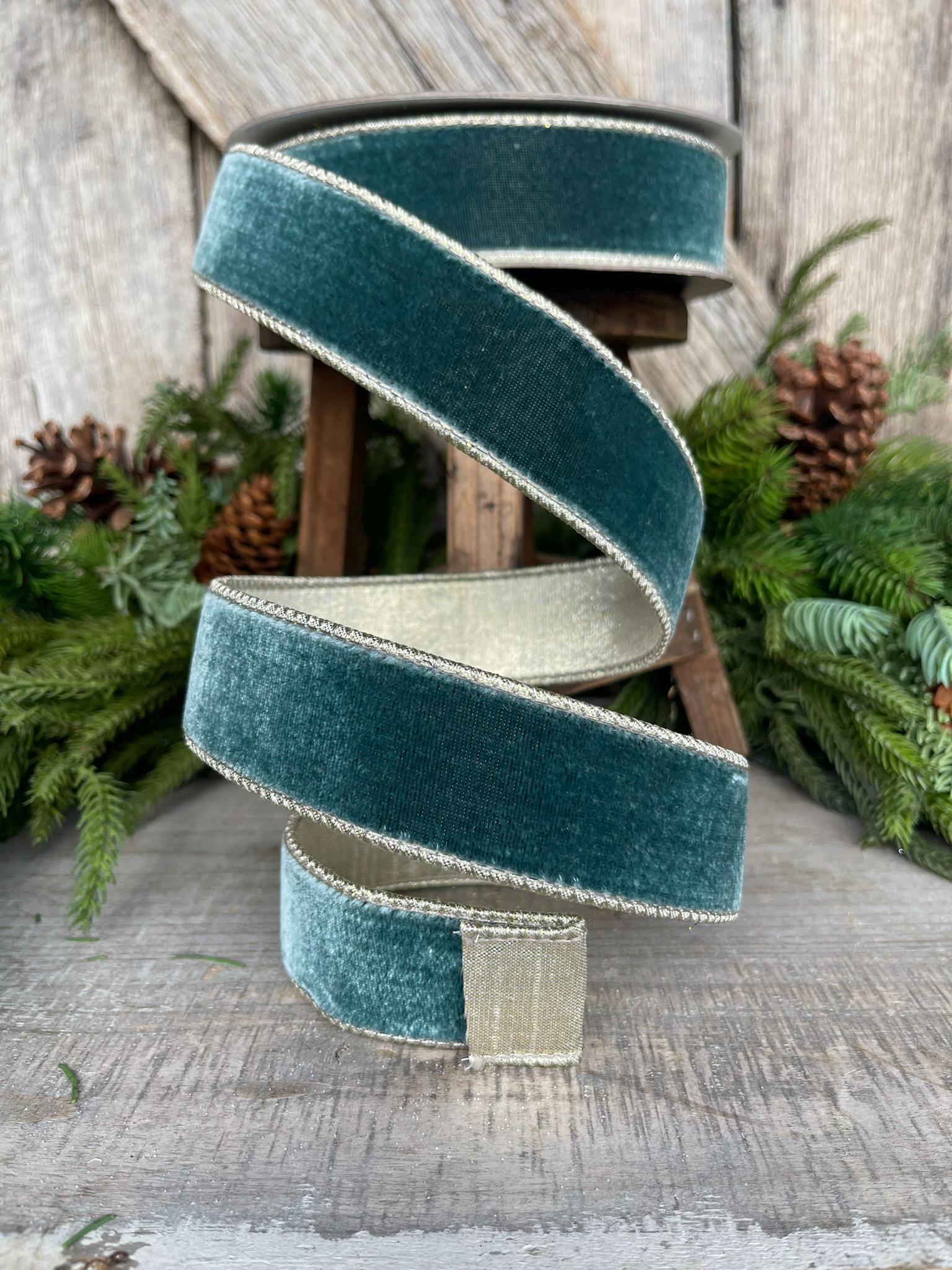 1.5" Teal Celadon Flashy Velvet Ribbon, Farrisilk ribbon, Christmas Velvet