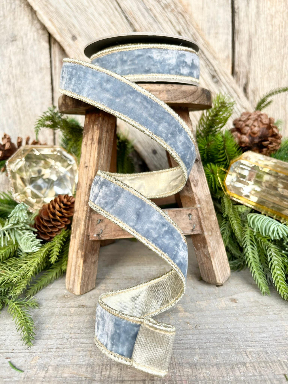 1" French Blue Velvet, Light Blue Velvet Ribbon, Wired Ribbon