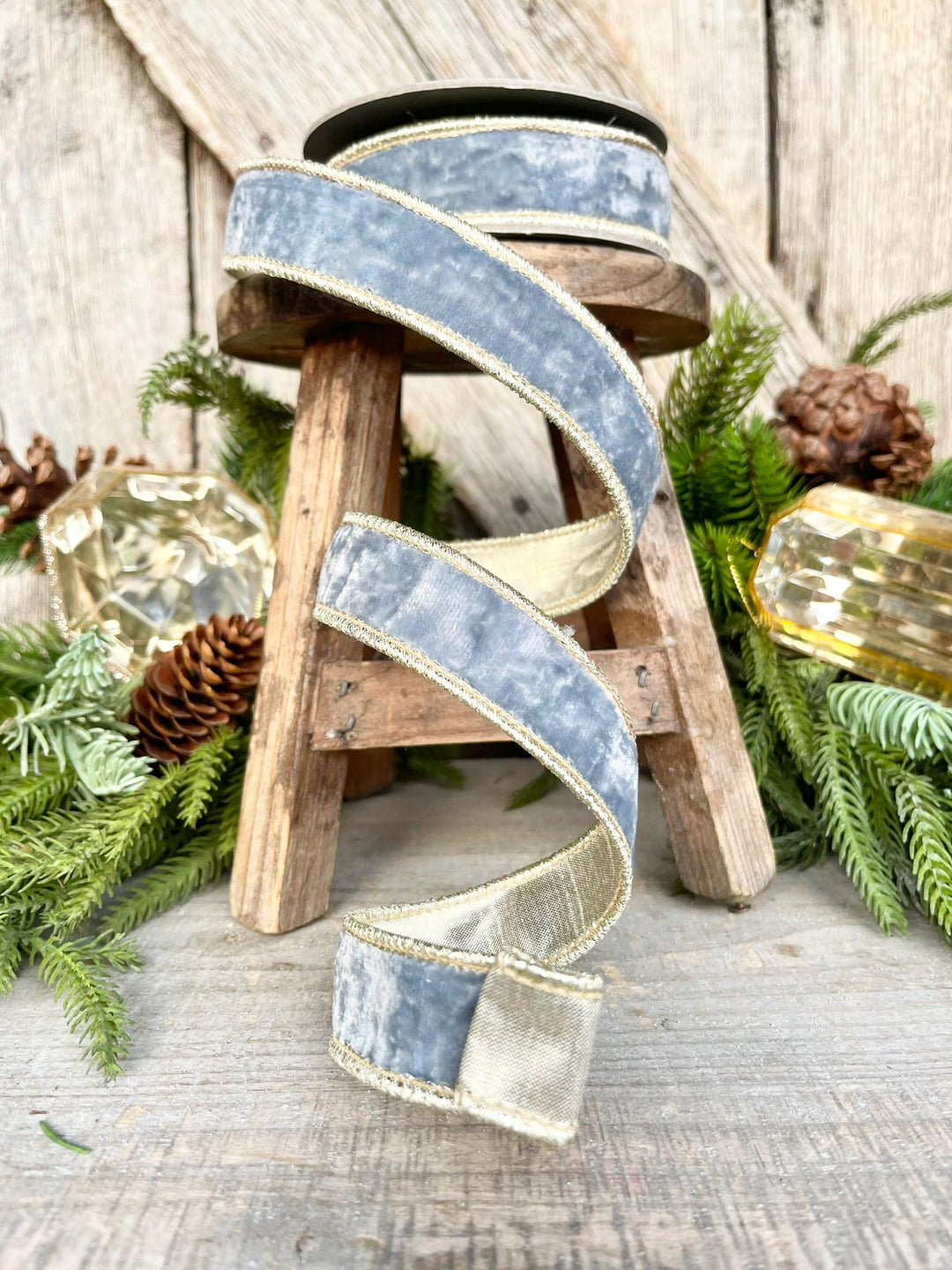1" French Blue Velvet, Light Blue Velvet Ribbon, Wired Ribbon