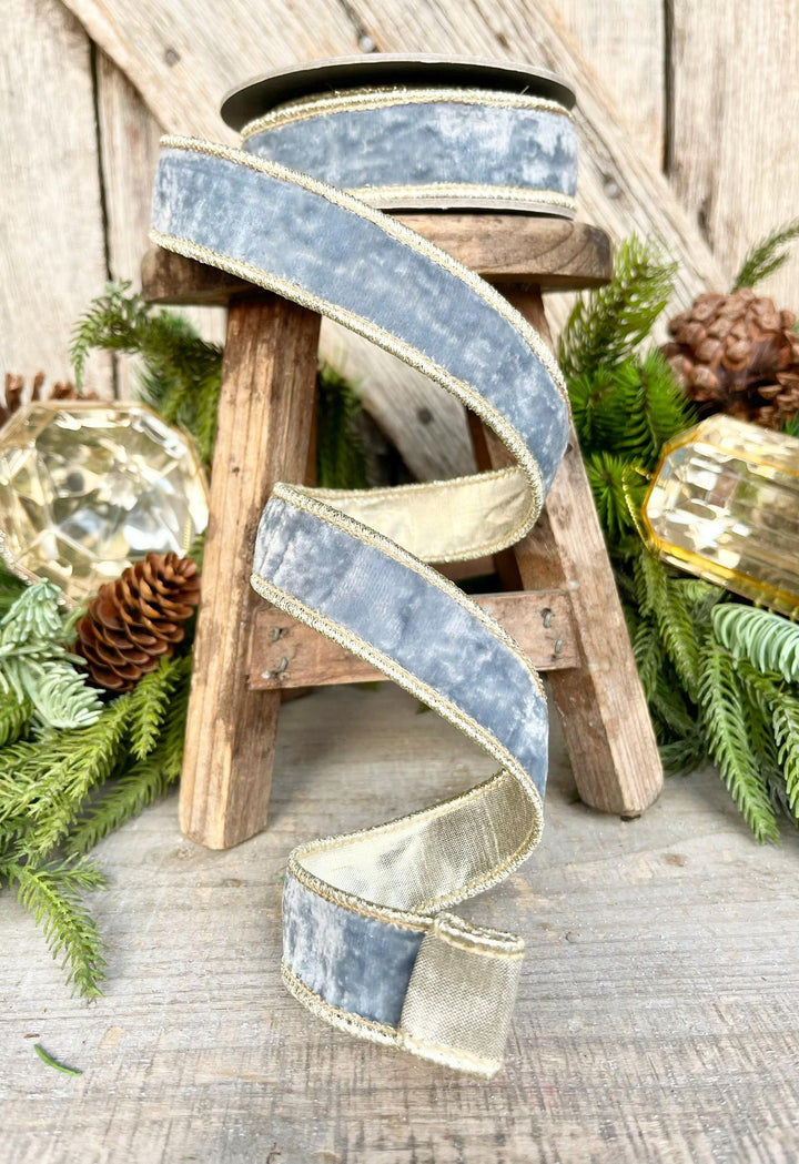 1" French Blue Velvet, Light Blue Velvet Ribbon, Wired Ribbon