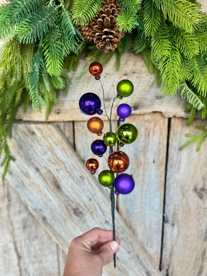 16" Halloween Ball Pick, Purple Orange Black Ball Spray, Halloween Picks &amp; Stems