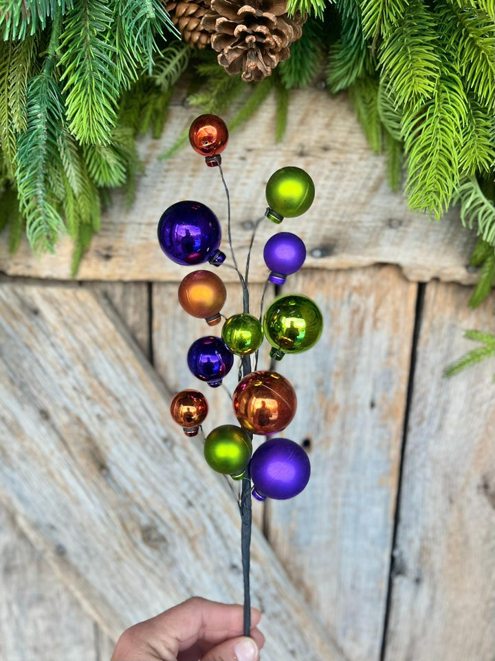 16" Halloween Ball Pick, Purple Orange Black Ball Spray, Halloween Picks &amp; Stems