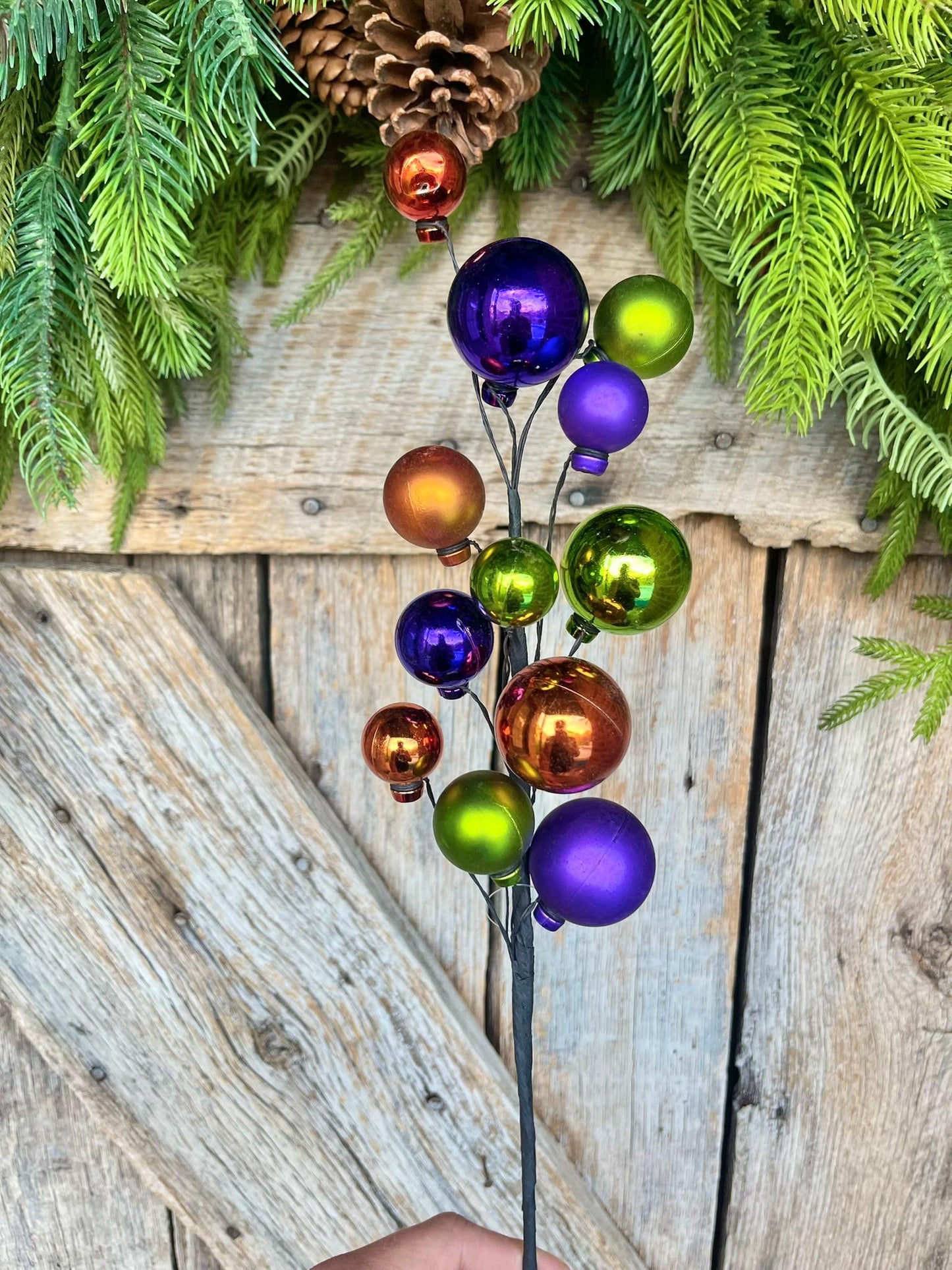 16" Halloween Ball Pick, Purple Orange Black Ball Spray, Halloween Picks & Stems