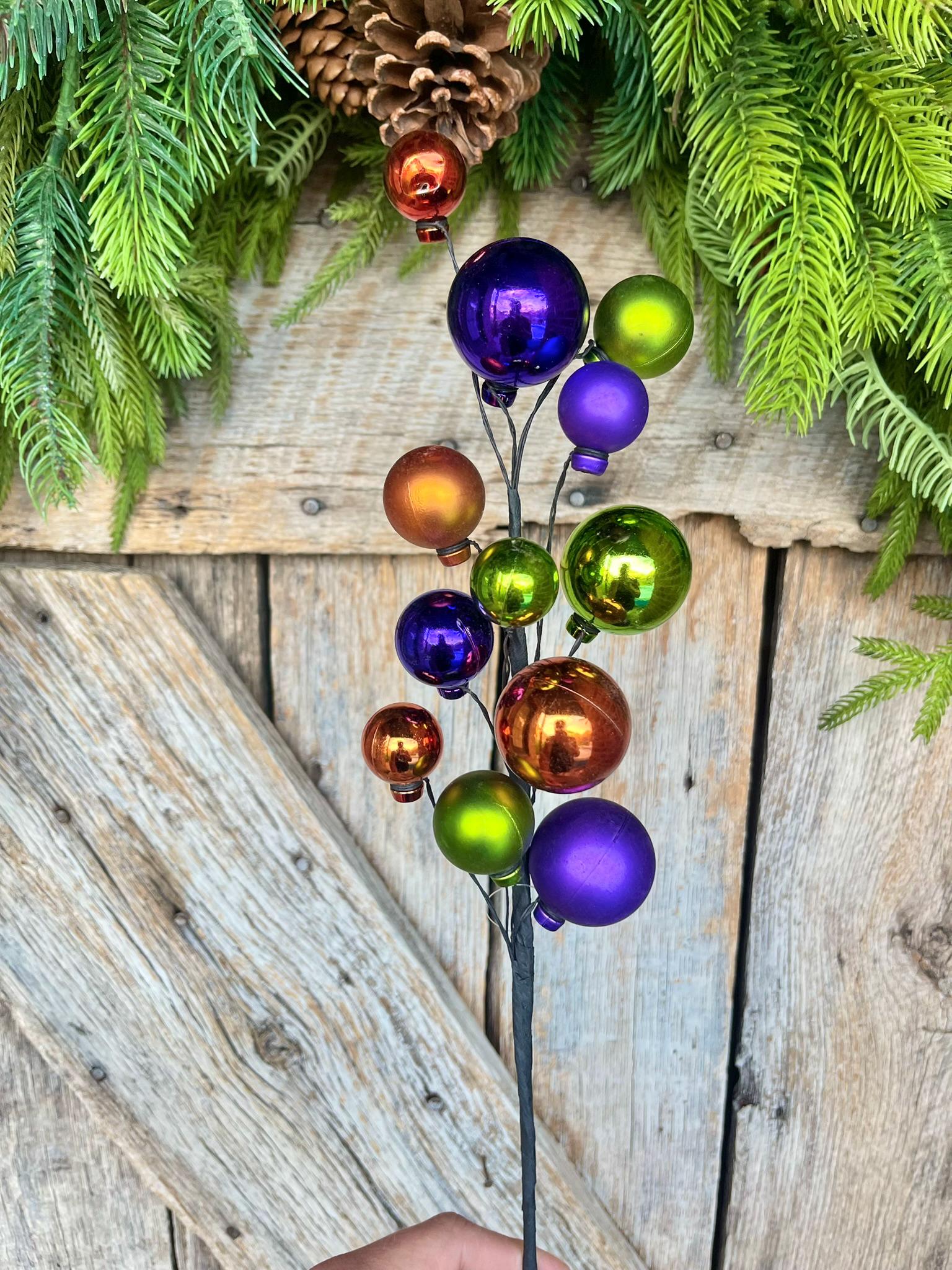 16" Halloween Ball Pick, Purple Orange Black Ball Spray, Halloween Picks & Stems