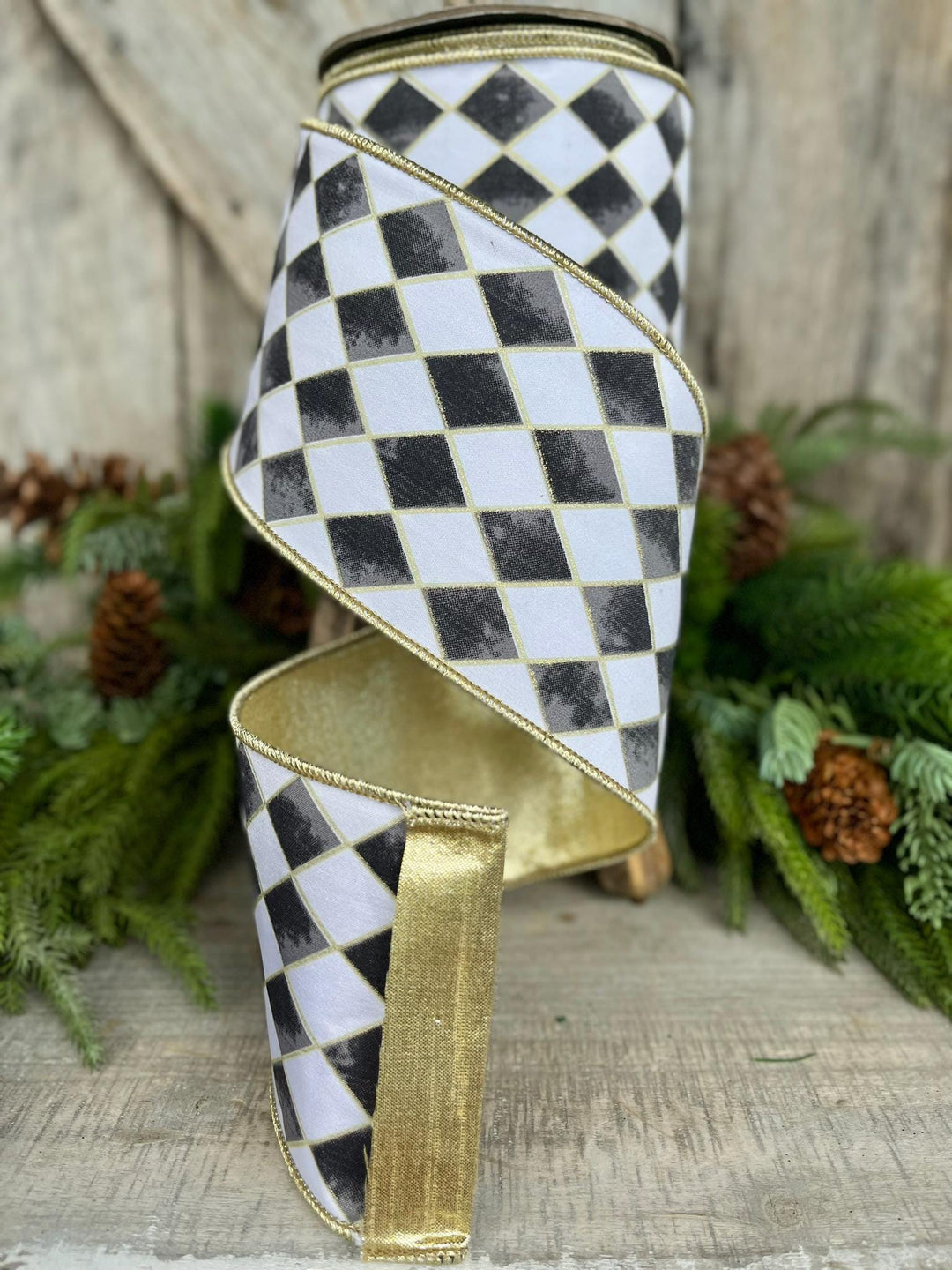 4" Harlequin ribbon, Black and White Jester Ribbon