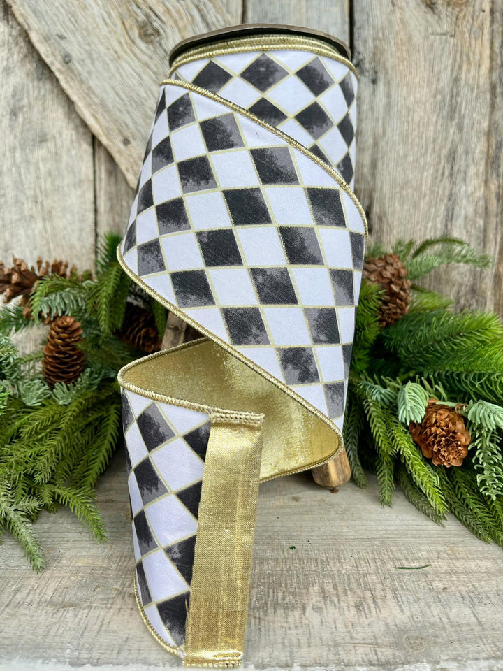 4" Harlequin ribbon, Black and White Jester Ribbon