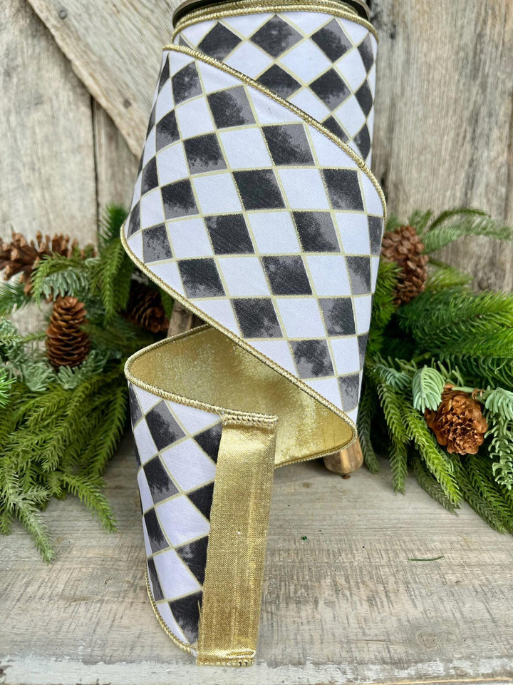 4" Harlequin ribbon, Black and White Jester Ribbon