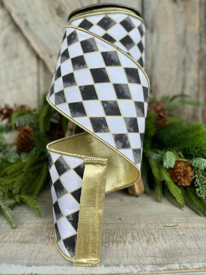 4" Harlequin ribbon, Black and White Jester Ribbon