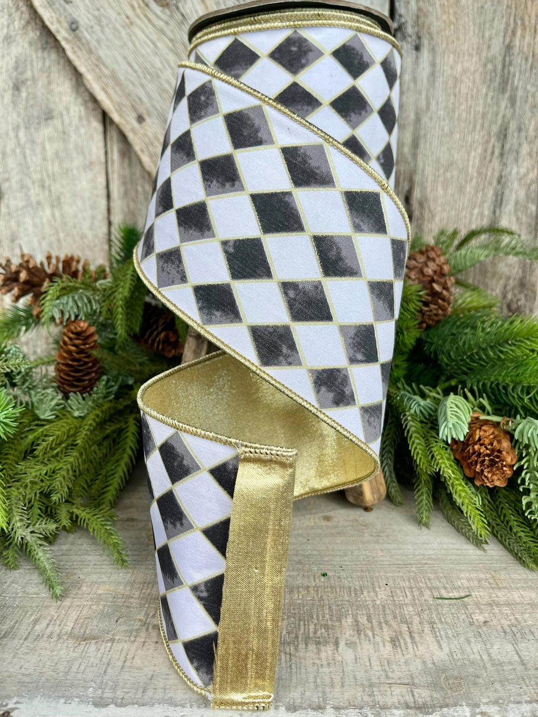 4" Harlequin ribbon, Black and White Jester Ribbon